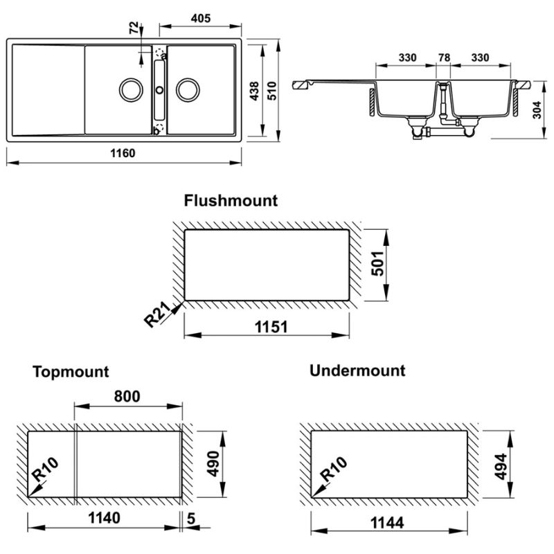 Kích thước chậu rửa bát đá Hafele HS20-GKD2S80 570.33.330 Kích thước chậu rửa bát đá Hafele HS20-GKD2S80 570.33.330