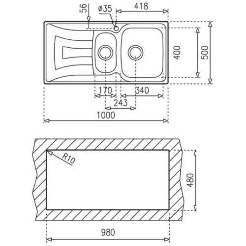 Chậu rửa bát Teka UNIVERSO 1 1/2B 1D 3 Kích thước chậu rửa bát Teka UNIVERSO 1 1/2B 1D