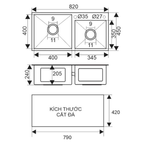 Chậu rửa Sevilla SV-8245L 3 Kích thước chậu rửa Sevilla SV-8245L