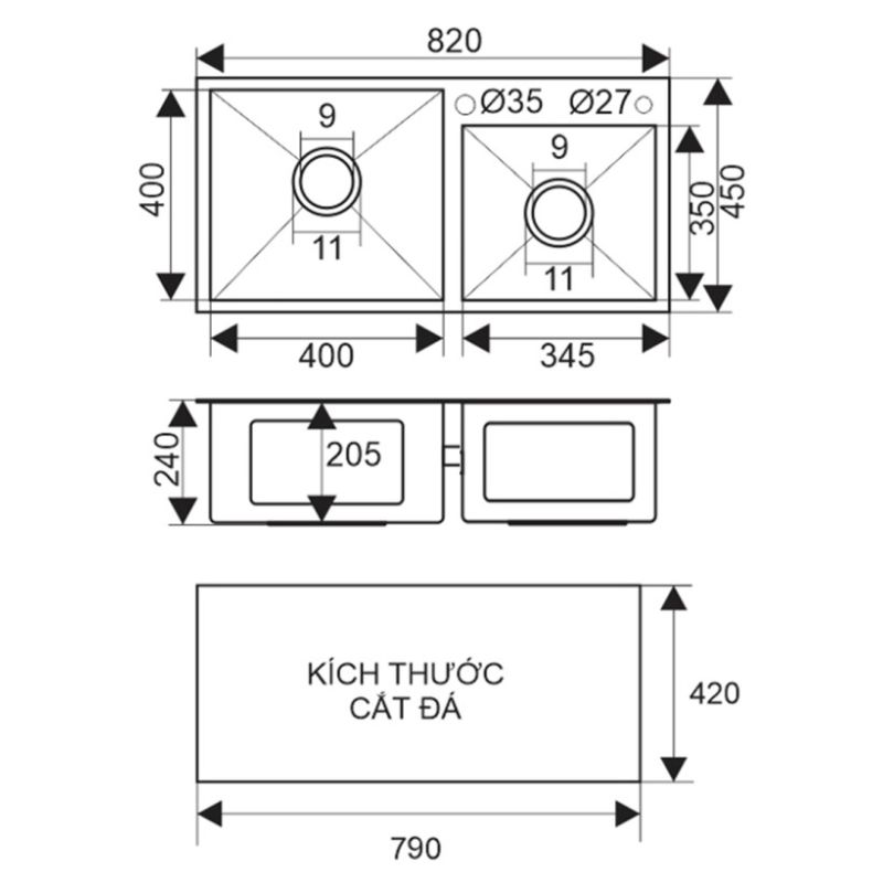 Kích thước chậu rửa Sevilla SV-8245L Kích thước chậu rửa Sevilla SV-8245L