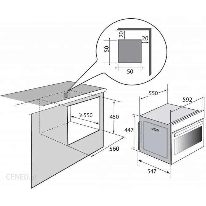 Kích thước lò vi sóng kết hợp nướng Brandt BKC6575B Kích thước lò vi sóng kết hợp nướng Brandt BKC6575B