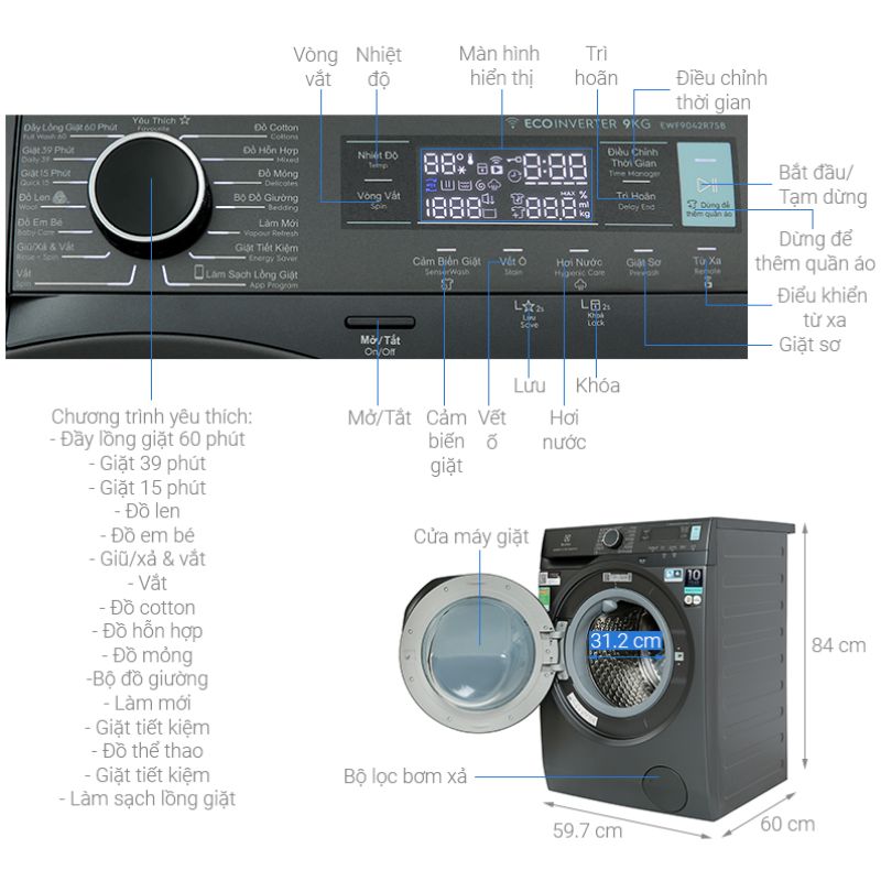 Kích Thước Máy Giặt Electrolux EWF9042R7SB Kích Thước Máy Giặt Electrolux EWF9042R7SB