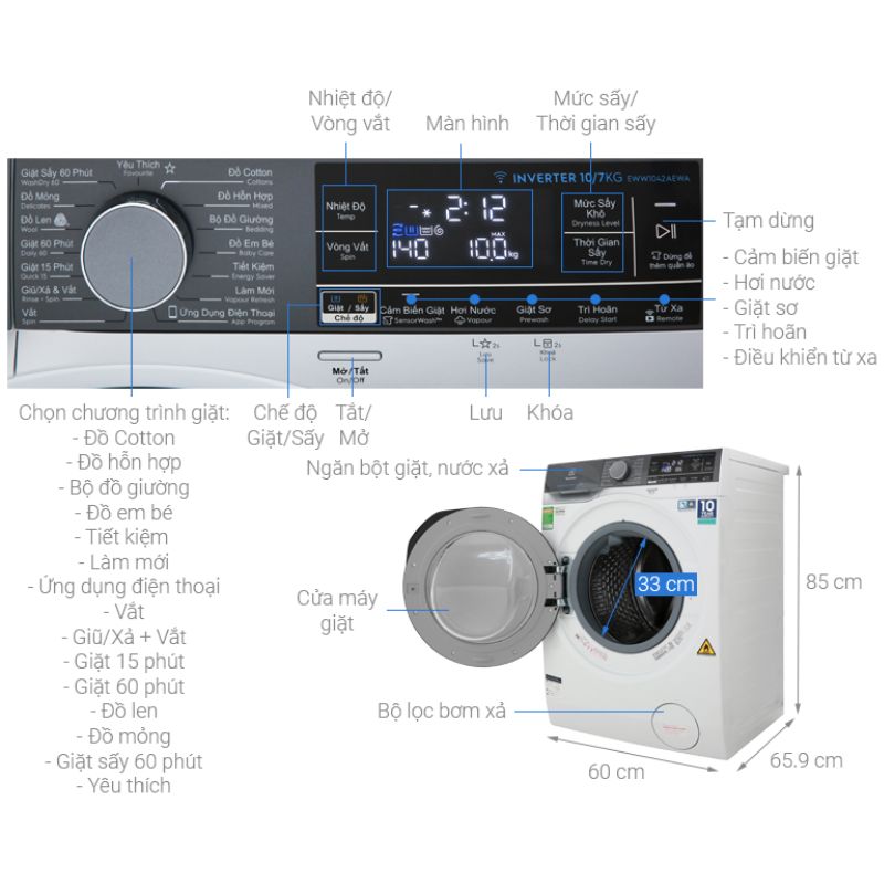 Kích thước máy giặt sấy Electrolux EWW1042AEWA Kích thước máy giặt sấy Electrolux EWW1042AEWA