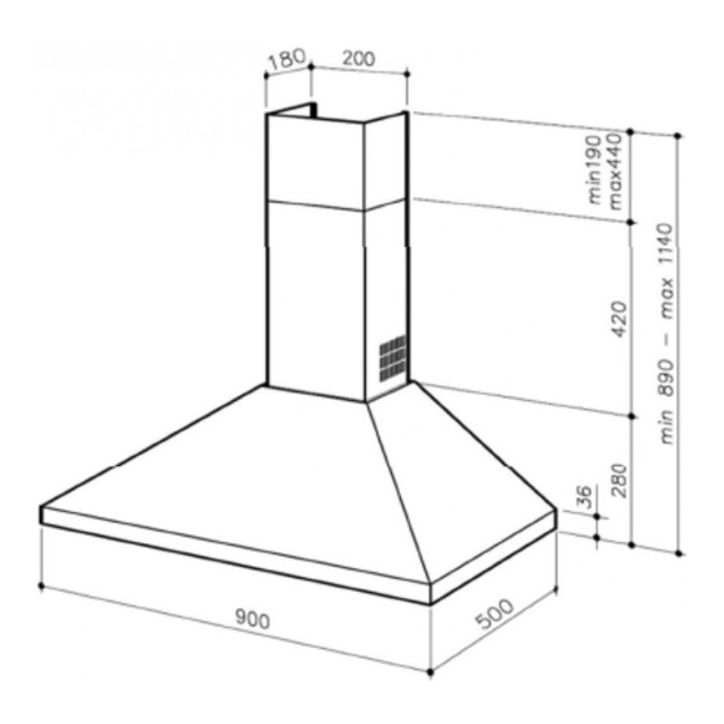 Kích thước máy hút khử mùi gắn tường Hafele HH CB90A 538.84.233 Kích thước máy hút khử mùi gắn tường Hafele HH CB90A 538.84.233