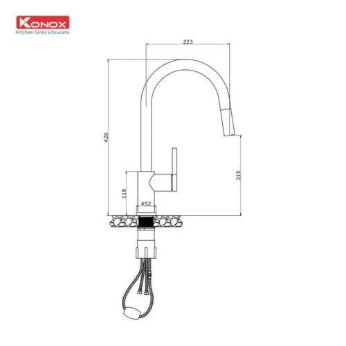 Vòi rửa bát rút dây Konox Alto Black 3 Voi rua bat day rut Alto ban ve 800x800 1