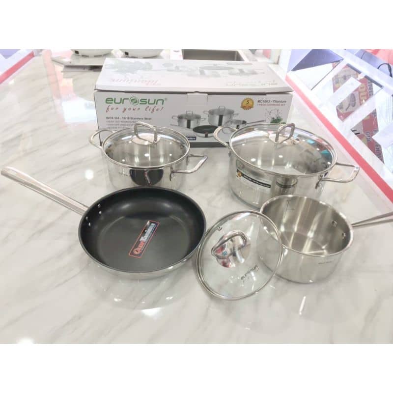 Ảnh thực tế Bộ nồi inox Eurosun MC1603 Titanium Ảnh thực tế Bộ nồi inox Eurosun MC1603 Titanium