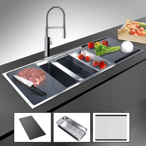 Chậu rửa bát đôi Dudoff SPOT MF2L (Rổ inox, thớt kính đen+khay cuộn) 4 dudoff spot mf2l 1