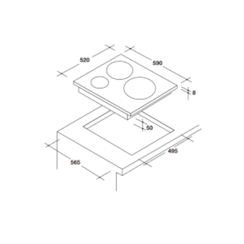 Kích thước Bếp từ 3 vùng nấu Rosieres RPI342MM Kích thước Bếp từ 3 vùng nấu Rosieres RPI342MM