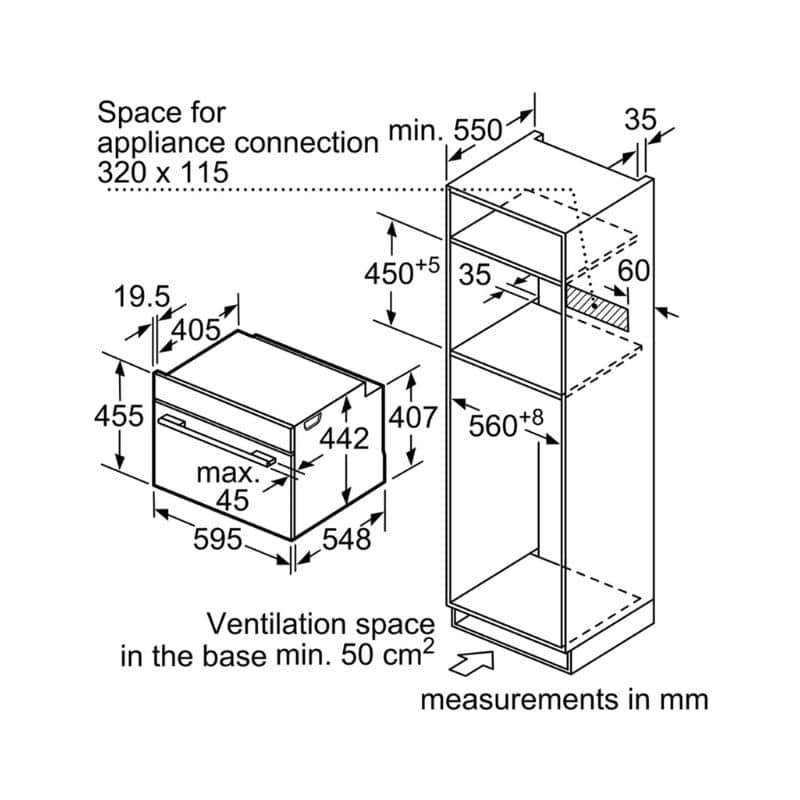 Kích thước lò nướng kết hợp vi sóng Bosch CMG633BS1 Kích thước lò nướng kết hợp vi sóng Bosch CMG633BS1