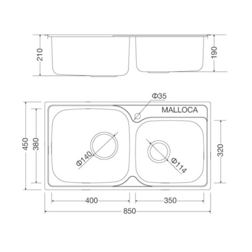 Chậu rửa bát Malloca MS 1011 New 3 Kích thước chậu rửa bát Malloca MS 1011 New