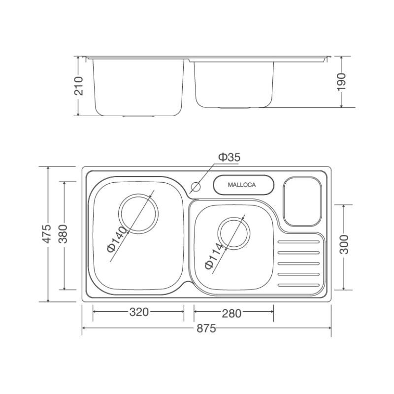 Kích thước chậu rửa bát Malloca MS 1024 Kích thước chậu rửa bát Malloca MS 1024