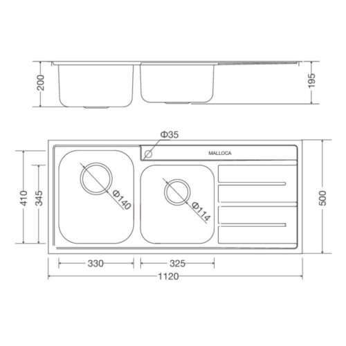 Chậu rửa bát Malloca MS 1027R New Cánh Phải 3 Kích thước chậu rửa bát Malloca MS 1027R New Cánh Phải