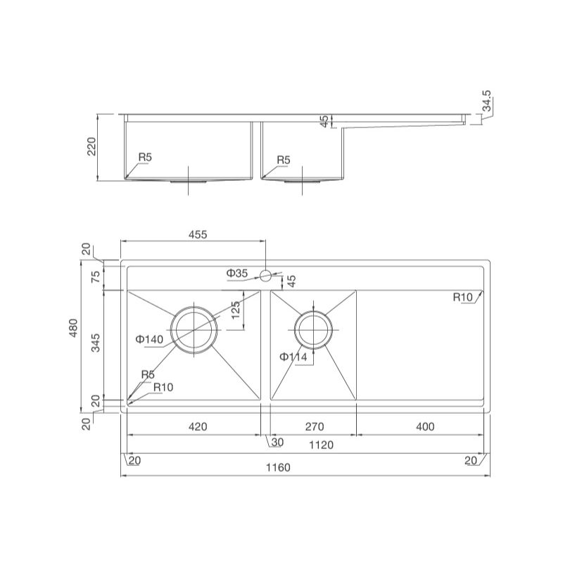 Kích thước chậu rửa bát Malloca MS 6306 Kích thước chậu rửa bát Malloca MS 6306