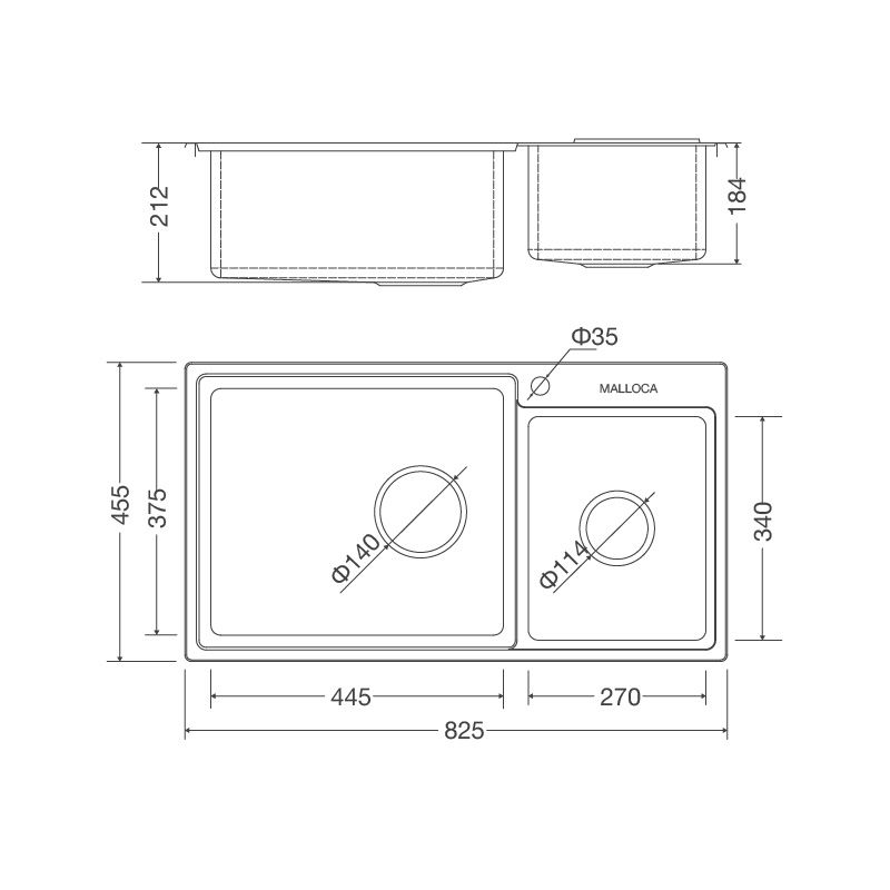 Kích thước chậu rửa bát Malloca MS 8801 Kích thước chậu rửa bát Malloca MS 8801