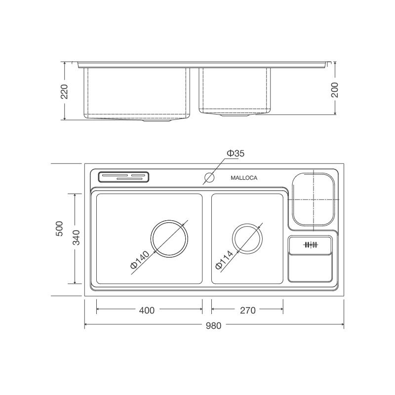 kích thước chậu rửa bát Malloca MS 8804 kích thước chậu rửa bát Malloca MS 8804