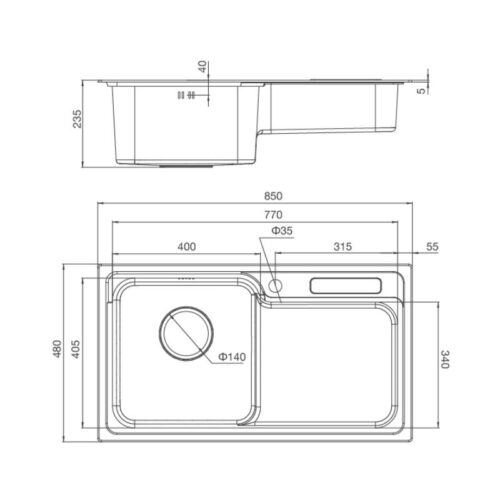 Chậu rửa chén bát thủ công Malloca MS 1028D 3 Kích thước chậu rửa chén bát thủ công Malloca MS 1028D