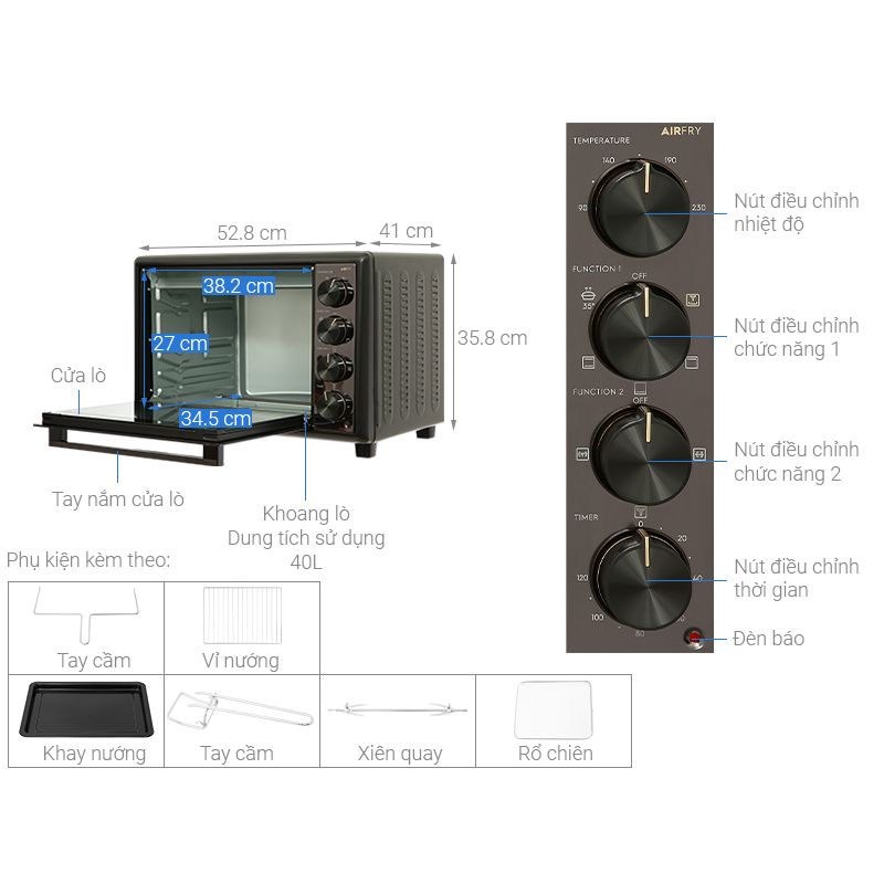 Kích thước lò Nướng để Bàn Electrolux EOT4022XFG Kích thước lò Nướng để Bàn Electrolux EOT4022XFG