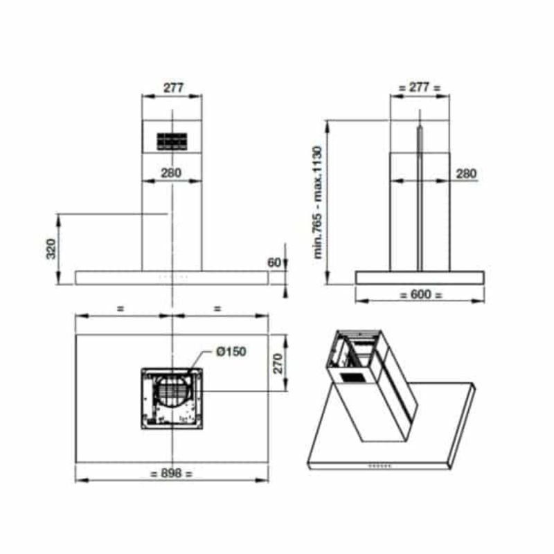 Kích thước máy hút mùi đảo Hafele HH-IS90B 539.81.715 Kích thước máy hút mùi đảo Hafele HH-IS90B 539.81.715