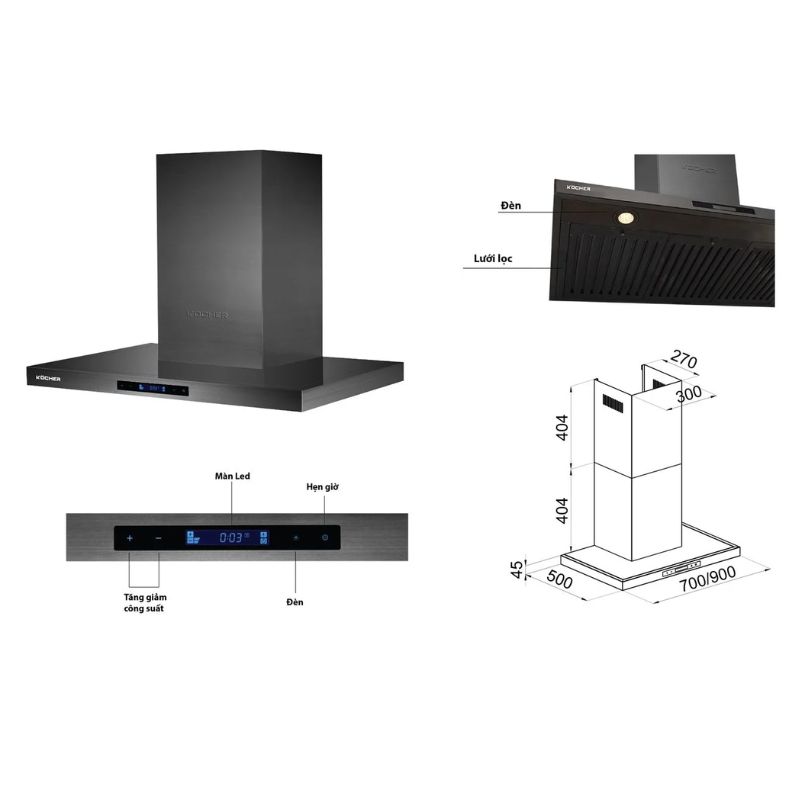 Kích thước máy hút mùi Kocher K-225MI (70cm) Kích thước máy hút mùi Kocher K-225MI (70cm)