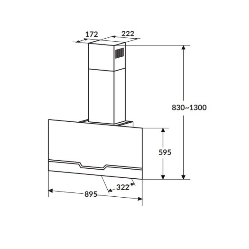 Kích thước máy hút mùi ống khói 90cm Kính đen Rosieres RVSPN98 Kích thước máy hút mùi ống khói 90cm Kính đen Rosieres RVSPN98