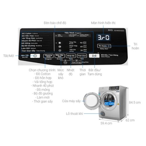 Máy sấy Electrolux EDV805JQSA 4 Kích thước máy sấy Electrolux EDV805JQSA
