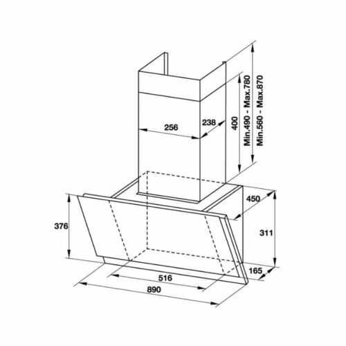 Máy hút mùi gắn tường mặt kính vân Hafele HH-WVS90A 533.86.003 3 kích thước của máy hút mùi gắn tường mặt kính vân Hafele HH-WVS90A 533.86.003