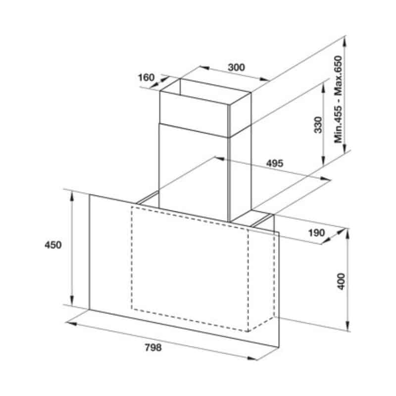 kích thước của máy hút mùi gắn tường Hafele HH-WVG80E 533.86.018 kích thước của máy hút mùi gắn tường Hafele HH-WVG80E 533.86.018