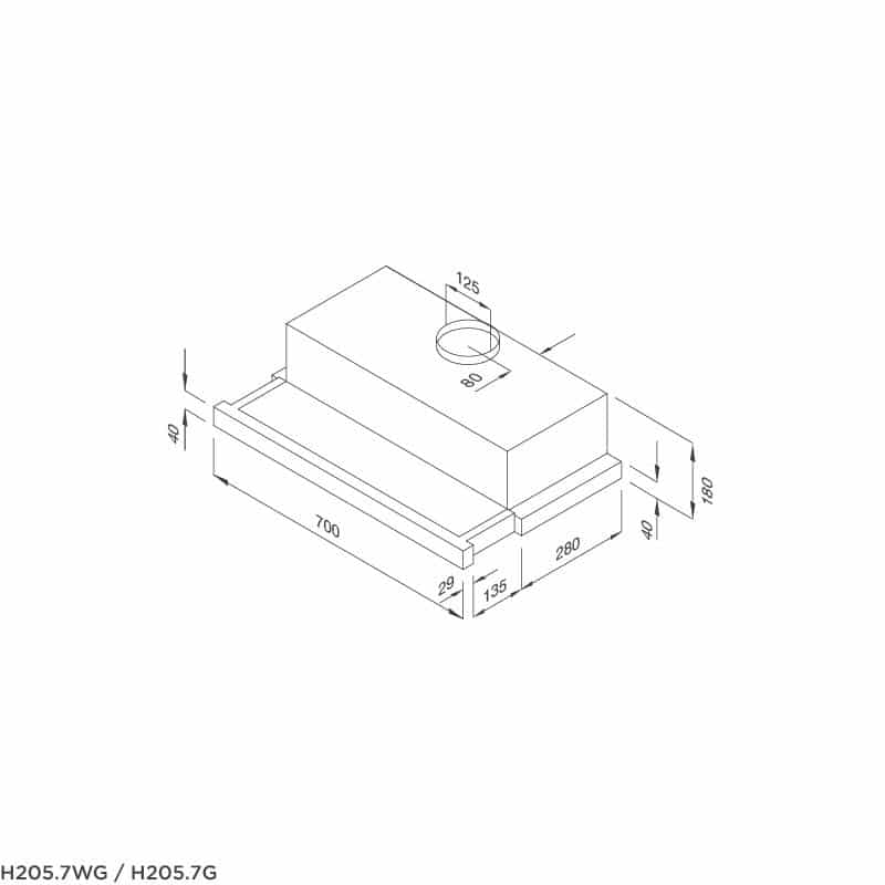 Kích thước máy hút mùi âm tủ Malloca H205.7-G Kích thước máy hút mùi âm tủ Malloca H205.7-G