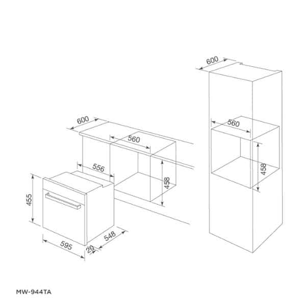 Kích thước của Lò nướng kết hợp vi sóng âm tủ Malloca MW-944TF Kích thước của Lò nướng kết hợp vi sóng âm tủ Malloca MW-944TF