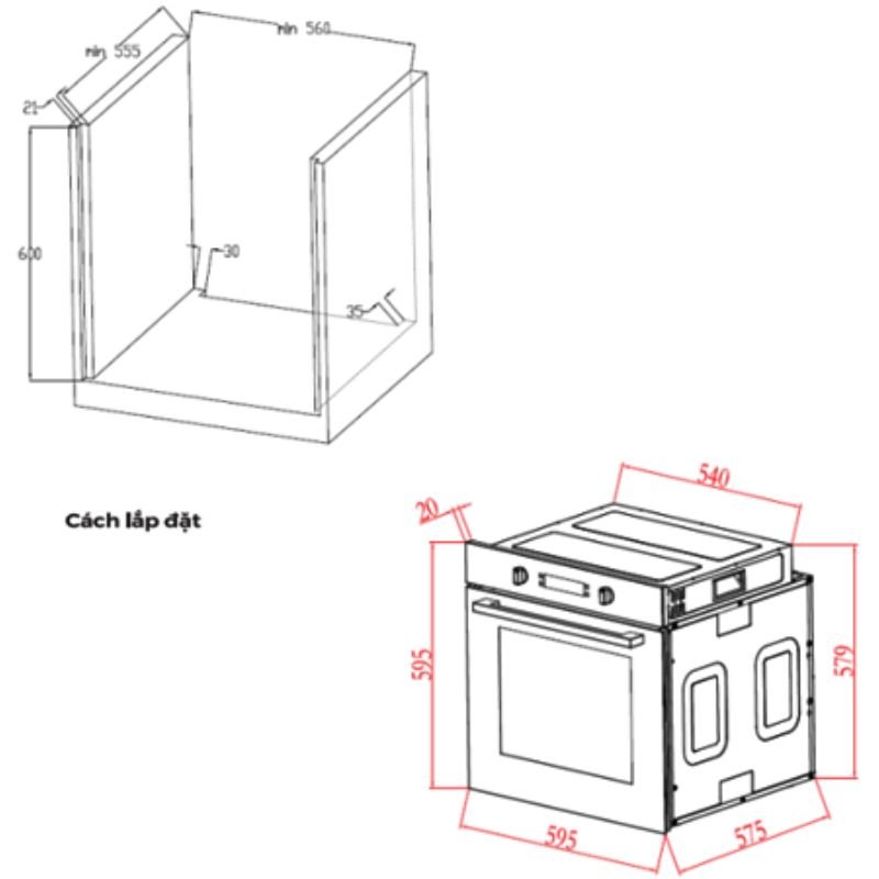 Kích thước lò nướng Kocher KOEU-71S14F Kích thước lò nướng Kocher KOEU-71S14F