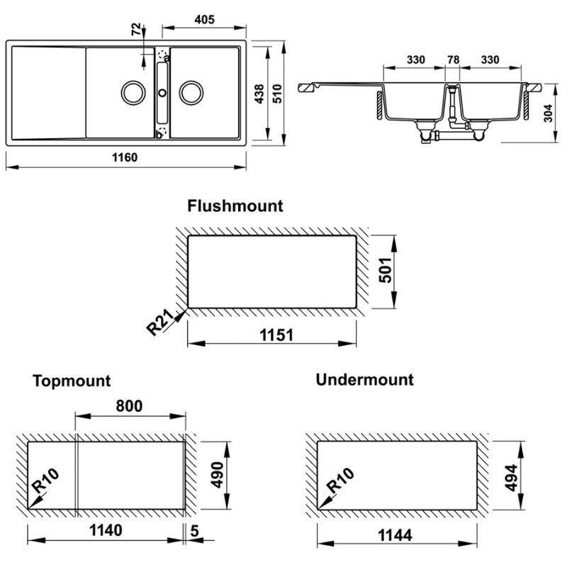 Kích thước chậu rửa bát đá Hafele HS19-GKD2S80 570.33.340 Kích thước chậu rửa bát đá Hafele HS19-GKD2S80 570.33.340