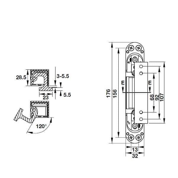 Kích thước của Bản lề âm 3D cho cửa 80Kg Hafele 927.03.049 Kích thước của Bản lề âm 3D cho cửa 80Kg Hafele 927.03.049