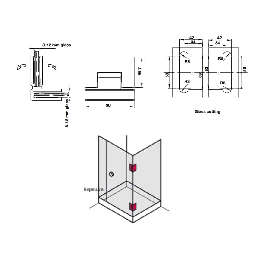 Kích thước của Bản lề kính - kính 90º màu đen Hafele 981.77.907 Kích thước của Bản lề kính - kính 90º màu đen Hafele 981.77.907