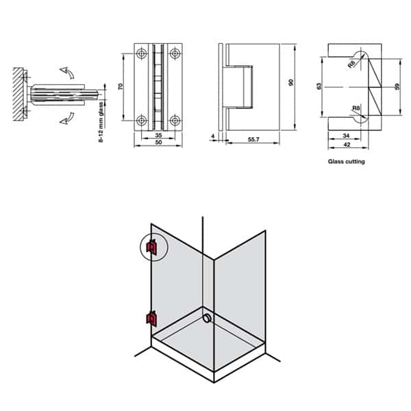Kích thước của Bản lề kính tường 90 độ Hafele 981.77.900 Kích thước của Bản lề kính tường 90 độ Hafele 981.77.900