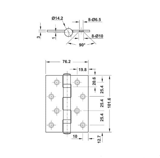 Kích thước của Bản lề lá 2 vòng bi 70Kg Hafele 926.20.110 Kích thước của Bản lề lá 2 vòng bi 70Kg Hafele 926.20.110