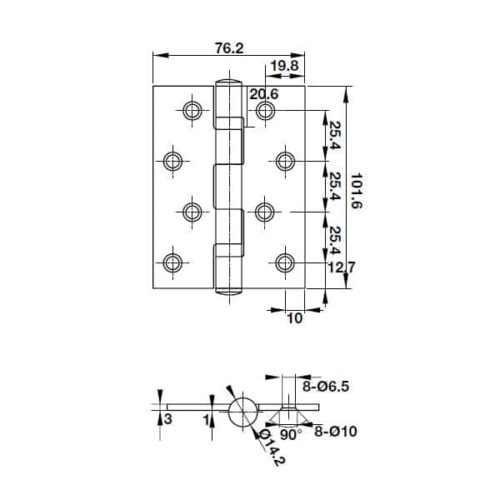 Bản lề lá 2 vòng bi 70Kg Hafele 926.20.112 3 Kích thước của Bản lề lá 2 vòng bi 70Kg Hafele 926.20.112