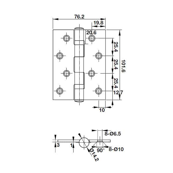Kích thước của Bản lề lá 2 vòng bi 70Kg Hafele 926.20.112 Kích thước của Bản lề lá 2 vòng bi 70Kg Hafele 926.20.112