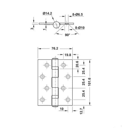 Bản lề lá 2 vòng bi 70Kg Hafele 926.20.881 3 Kích thước của Bản lề lá 2 vòng bi 70Kg Hafele 926.20.881