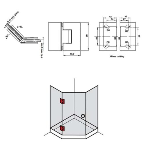 Bản lề phòng tắm kính 135º Hafele 981.77.904 3 Kích thước của Bản lề phòng tắm kính 135º Hafele 981.77.904