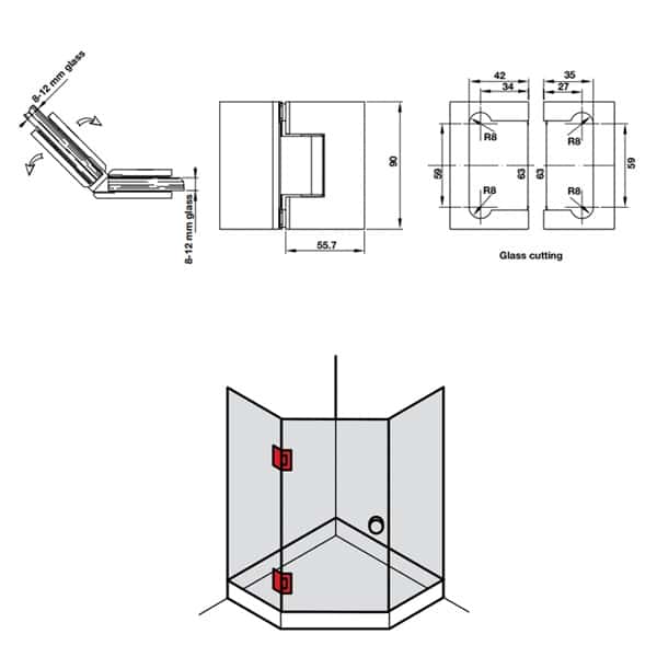 Kích thước của Bản lề phòng tắm kính 135º Hafele 981.77.904 Kích thước của Bản lề phòng tắm kính 135º Hafele 981.77.904