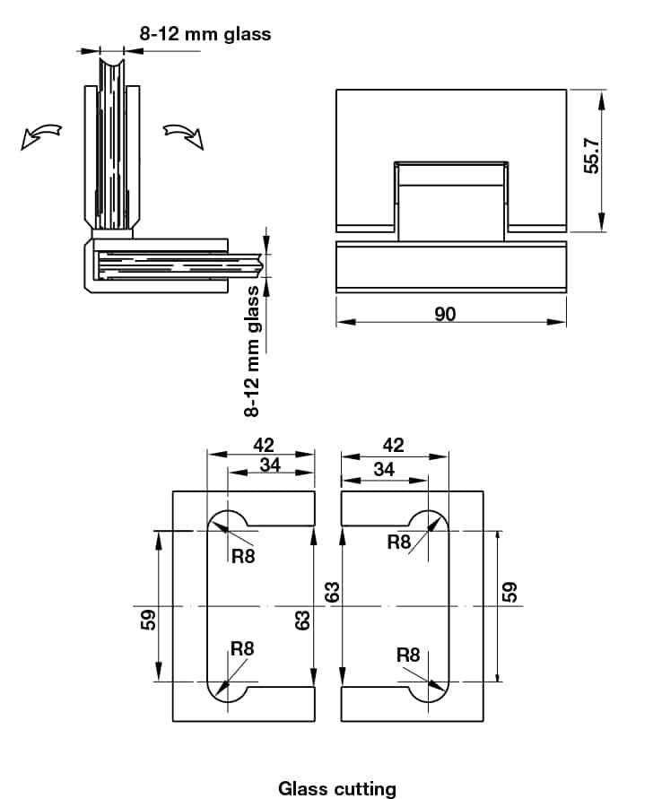 Kích thước của Bản lề phòng tắm kính 90º Hafele 981.77.906 Kích thước của Bản lề phòng tắm kính 90º Hafele 981.77.906