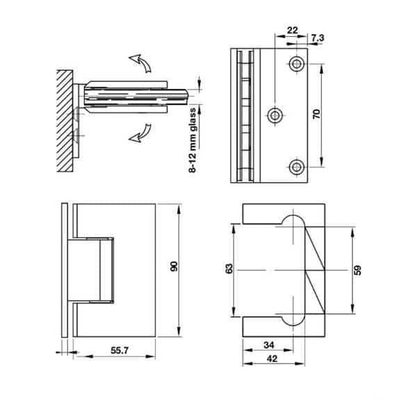 Kích thước của Bản lề phòng tắm kính 90º Hafele 981.77.908 Kích thước của Bản lề phòng tắm kính 90º Hafele 981.77.908