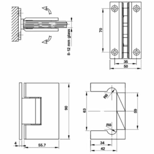 Bản lề tường - kính 90 độ màu đen Hafele 981.77.901 3 Kích thước của Bản lề tường - kính 90 độ màu đen Hafele 981.77.901