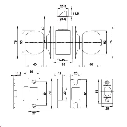 Kích thước của Bộ khóa tròn có chìa chủ Hafele 489.93.252 Kích thước của Bộ khóa tròn có chìa chủ Hafele 489.93.252