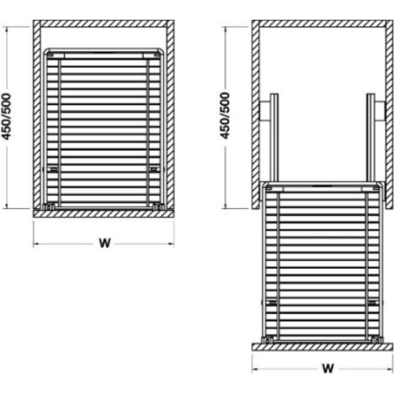 Kích thước của Bộ rổ kéo gắn với cánh Hafele 549.03.143 cho tủ rộng 500mm Kích thước của Bộ rổ kéo gắn với cánh Hafele 549.03.143 cho tủ rộng 500mm