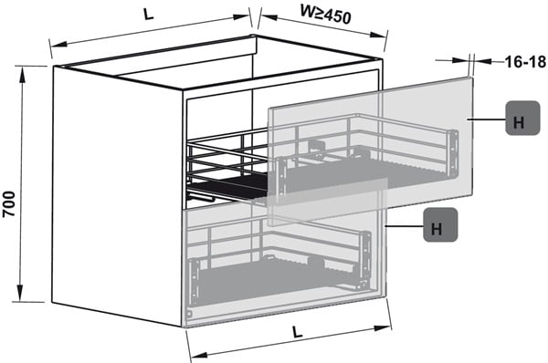 Kích thước của Bộ rổ kéo gắn với cánh Hafele 549.03.146 cho tủ rộng 900mm Kích thước của Bộ rổ kéo gắn với cánh Hafele 549.03.146 cho tủ rộng 900mm