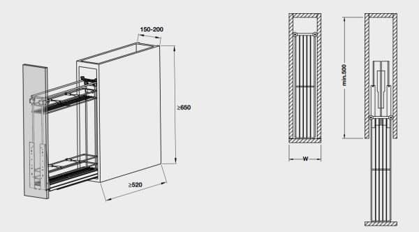 Kích thước của Bộ rổ kéo Hafele 549.34.021 cho tủ hẹp 200mm Kích thước của Bộ rổ kéo Hafele 549.34.021 cho tủ hẹp 200mm
