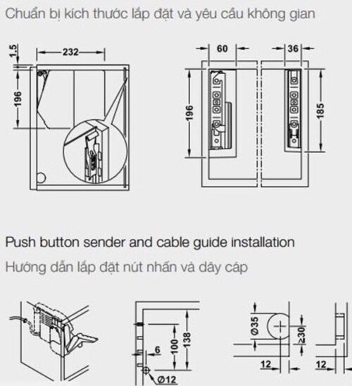 Bộ tay nâng Free Flap 3.15 E Hafele 372.29.703 nắp xám 3 Kích thước của Bộ tay nâng Free Flap 3.15 E Hafele 372.29.703 nắp xám