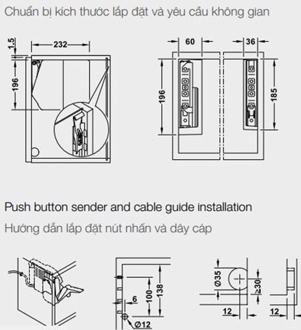 Kích thước của Bộ tay nâng Free Flap 3.15 E Hafele 372.29.703 nắp xám Kích thước của Bộ tay nâng Free Flap 3.15 E Hafele 372.29.703 nắp xám
