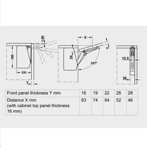 Bộ tay nâng Free Llap 3.15 Hafele 493.05.860 nắp xám 3 Kích thước của Bộ tay nâng Free Llap 3.15 Hafele 493.05.860 nắp xám